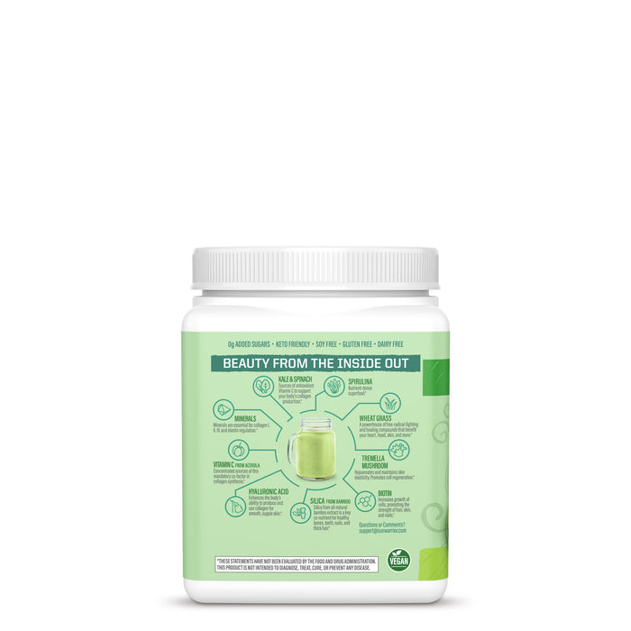Container with green label detailing ingredients and benefits of a plant-based wellness powder blend