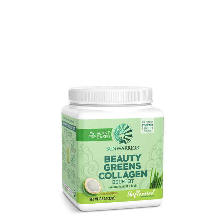 Sunwarrior Beauty Greens Collagen Booster supplement container with plant-based label and unflavored text