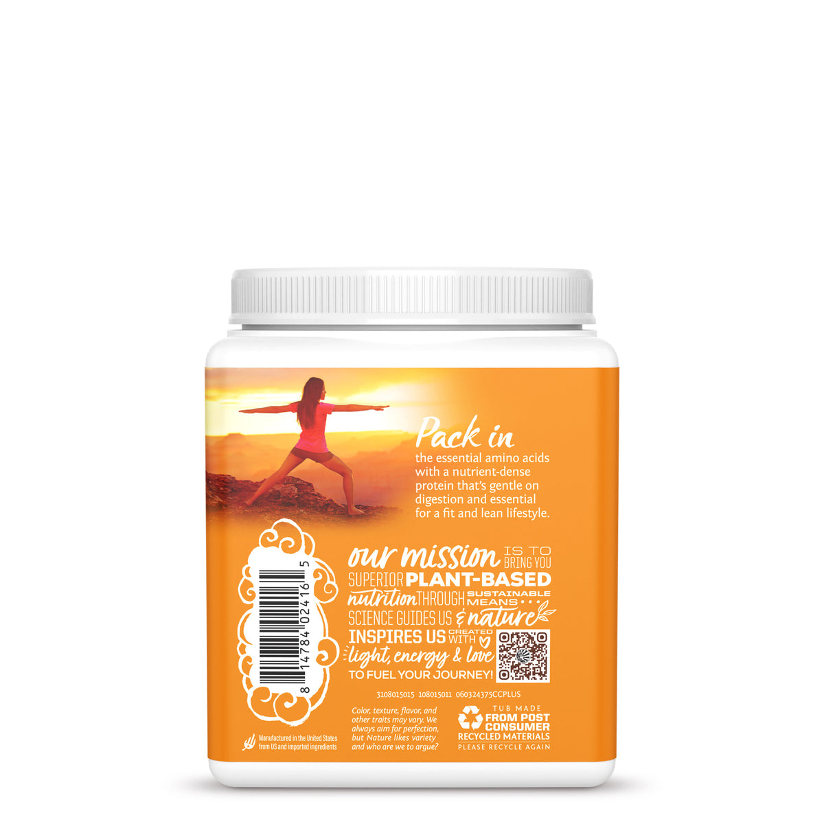Back view of Sunwarrior plant-based protein powder container with product information and branding text.