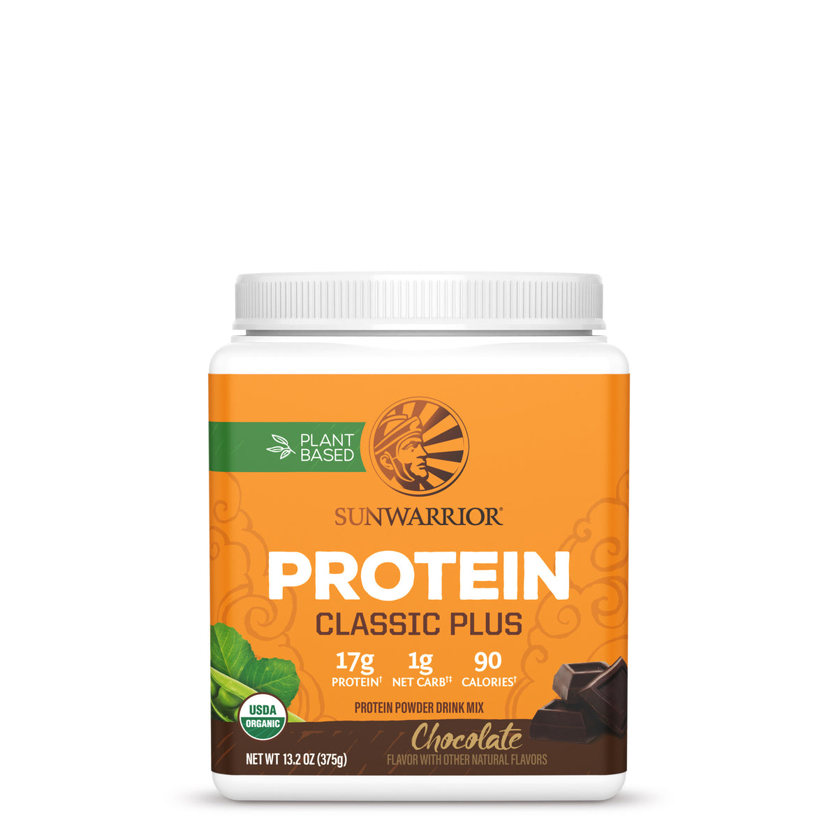 Sunwarrior plant-based classic plus protein powder in chocolate flavor with nutrition facts on label