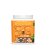 Container with plant-based protein powder labeled with nutritional benefits and superfood ingredients on an orange background