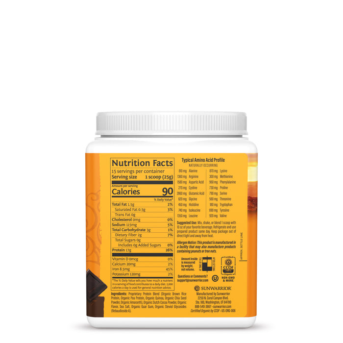 Nutrition facts label on a white and orange container with chocolate squares shown on the side.