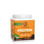 Sunwarrior Classic Plus plant based protein powder in chocolate flavor with nutrition details on container