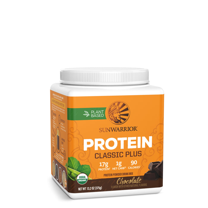 Sunwarrior Classic Plus plant based protein powder in chocolate flavor with nutrition details on container