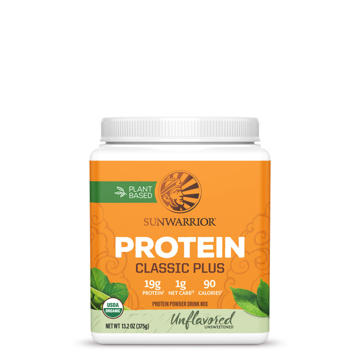 Sunwarrior Classic Plus protein powder container with plant-based, unflavored label on white background