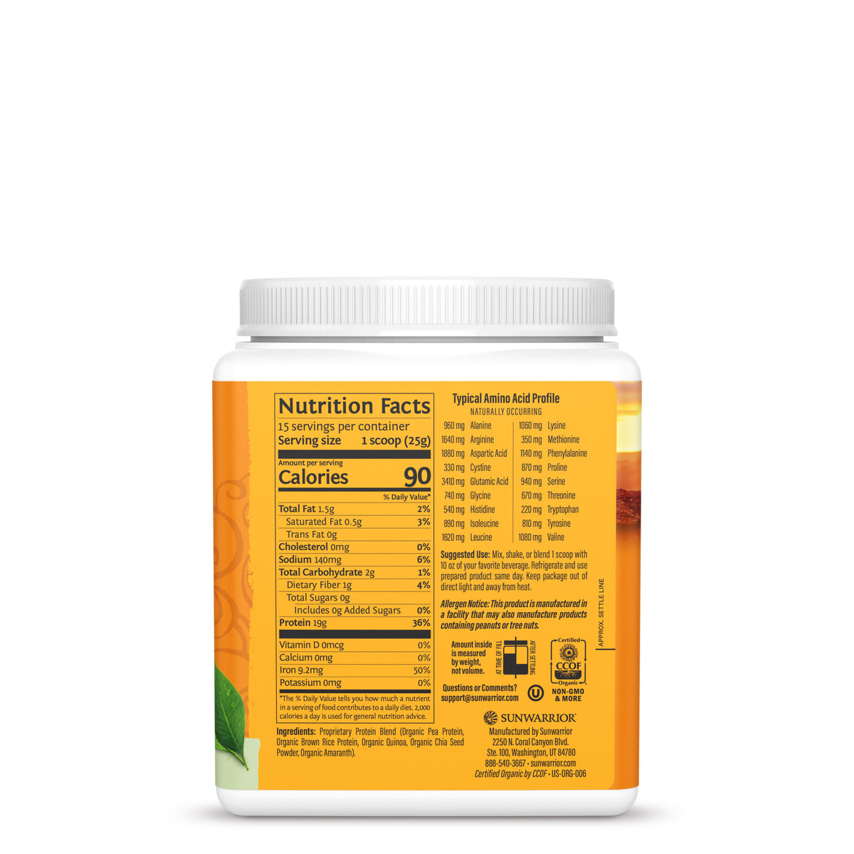 Back view of a Sunwarrior Classic Plus protein powder container showing nutrition facts and amino acid profile.