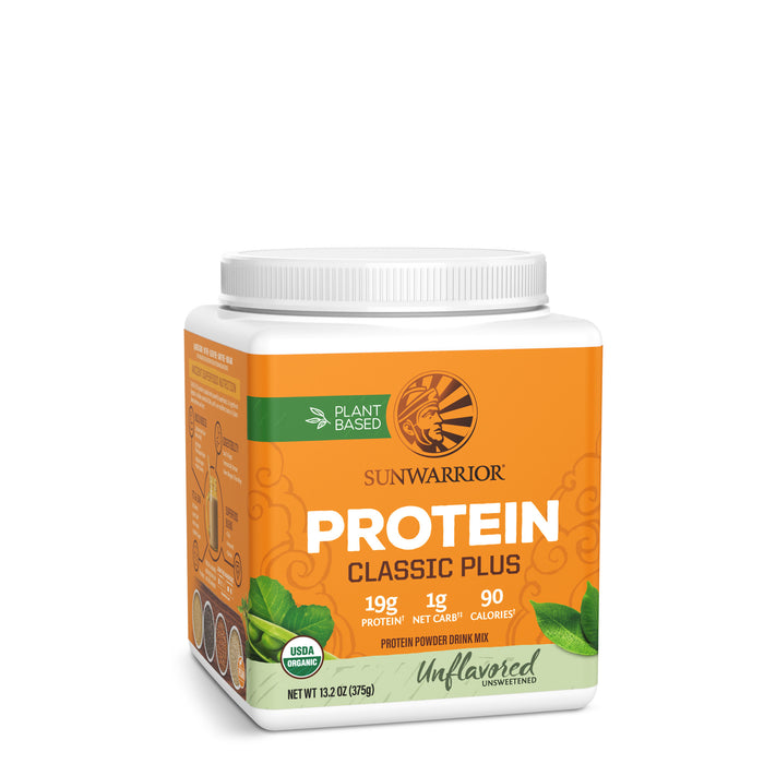 Orange container of Sunwarrior plant-based protein powder with unflavored classic plus formula.