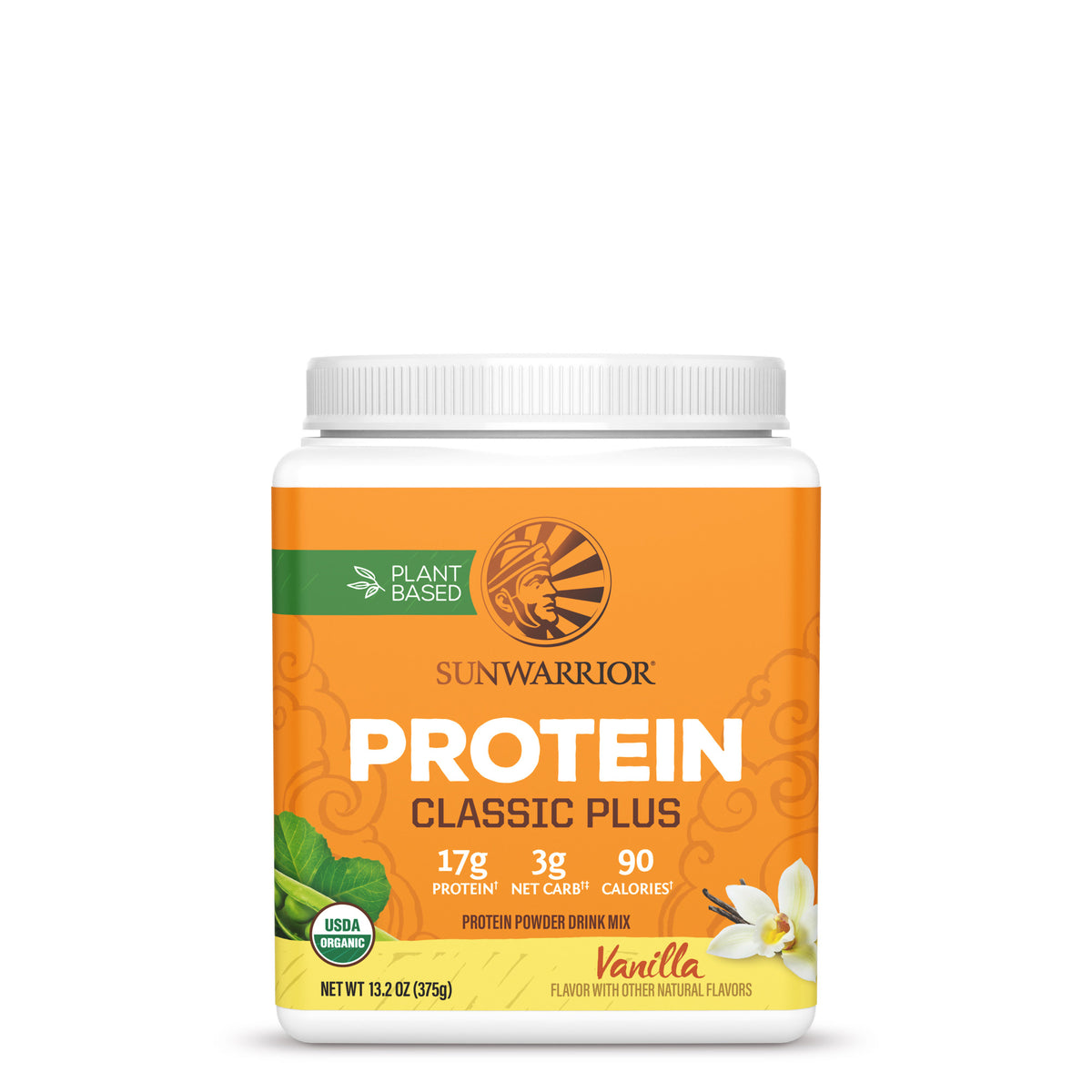 Container of Sunwarrior plant-based vanilla protein powder with nutrition facts on orange label