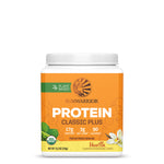 Container of Sunwarrior plant-based vanilla protein powder with nutrition facts on orange label
