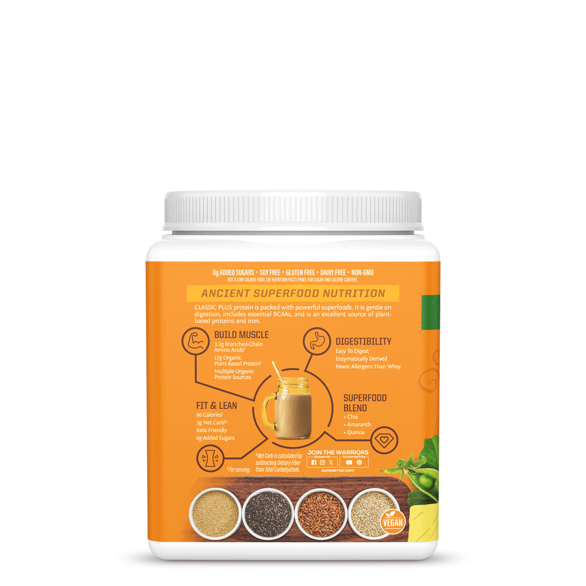 Container with orange label featuring superfood nutrition facts and images of chia, amaranth, and quinoa seeds.