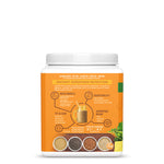 Container with orange label featuring superfood nutrition facts and images of chia, amaranth, and quinoa seeds.