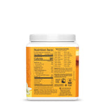 Back view of a white container with orange label showing nutrition facts and amino acid profile.
