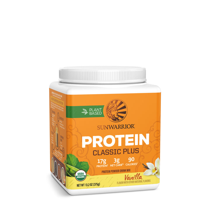 Container of orange-labeled Sunwarrior plant-based vanilla protein powder with nutrition highlights visible