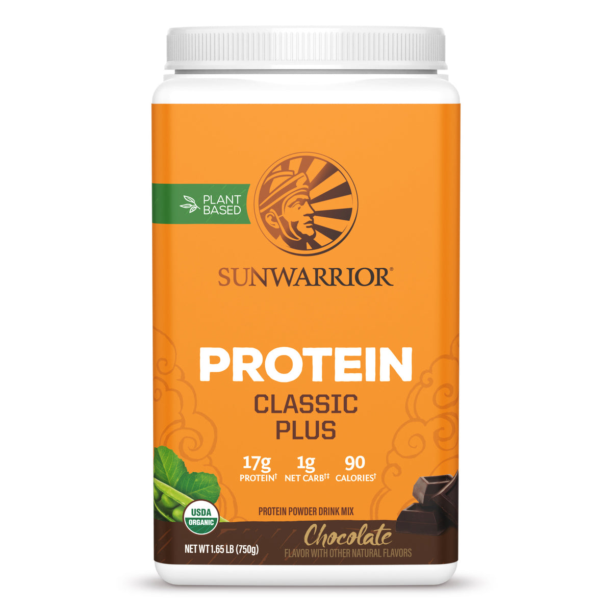 Sunwarrior plant-based vegan protein powder container in chocolate flavor for daily wellness.