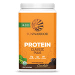 Sunwarrior plant-based vegan protein powder container in chocolate flavor for daily wellness.