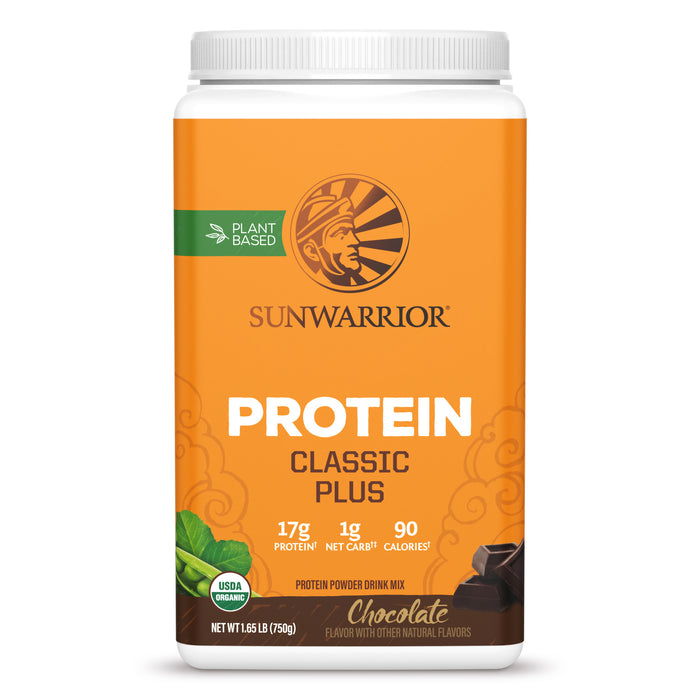 Sunwarrior plant-based vegan protein powder container in chocolate flavor for daily wellness.