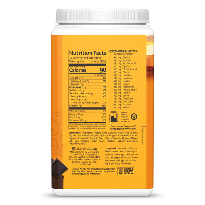 Nutrition facts and ingredients label on a nutrition supplement container with detailed amino acid profile.