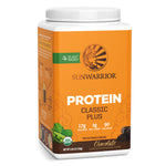 Sunwarrior Classic Plus plant-based protein powder container with chocolate flavor and nutrition details visible