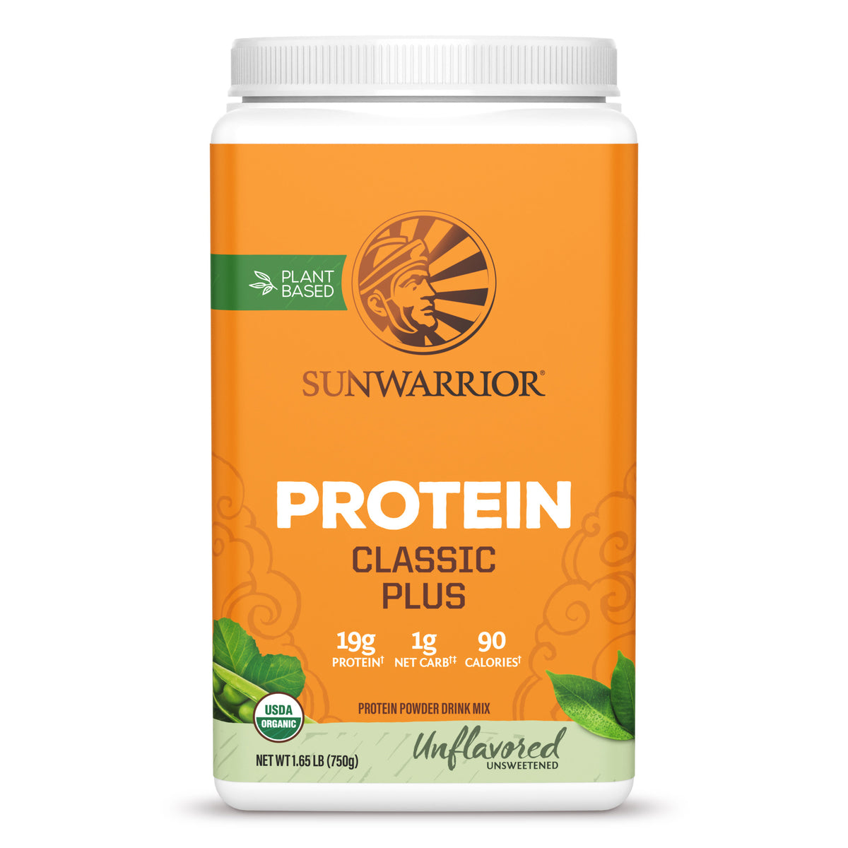 Orange container of Sunwarrior Classic Plus plant-based protein powder, unflavored and unsweetened.
