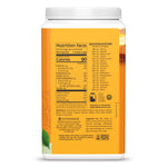 Back of a Sunwarrior protein powder container showing nutrition facts and ingredients label.