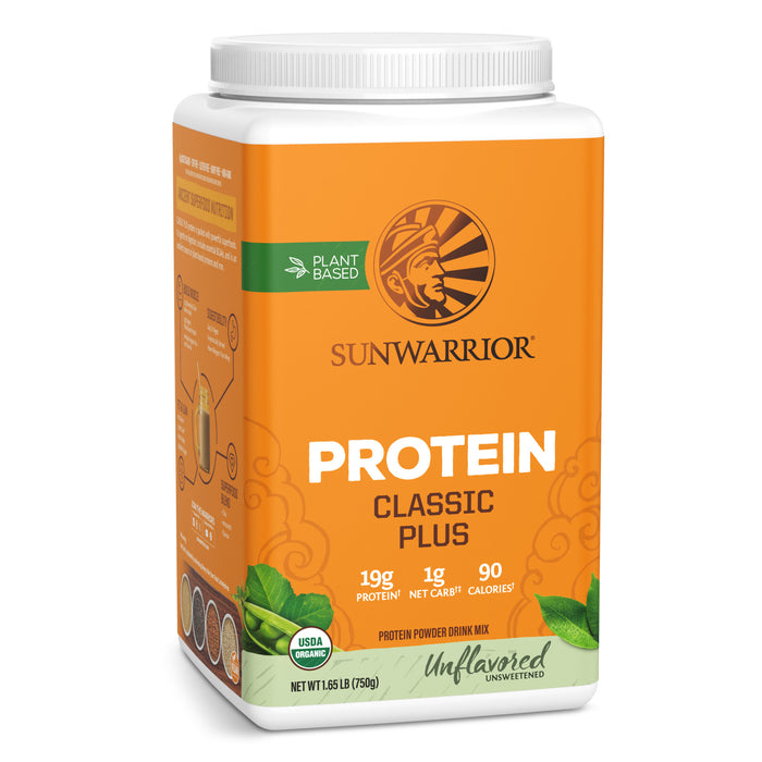 Container of plant-based Sunwarrior protein powder with orange label, featuring classic plus formula and unflavored variant