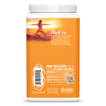 Back of plant-based protein powder container with nutritional claims and sunset yoga silhouette