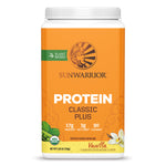 Orange container of Sunwarrior plant-based vanilla protein powder with nutrition highlights and logo visible