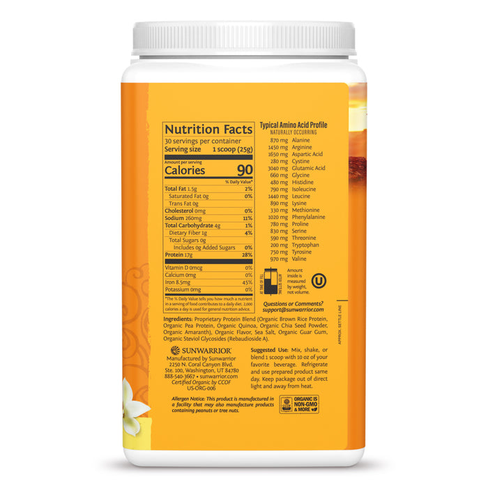 Back of orange Sunwarrior protein powder container showing nutrition facts and amino acid profile.