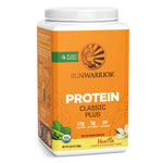 Orange container of Sunwarrior Classic Plus vanilla plant-based protein powder with nutrition info visible