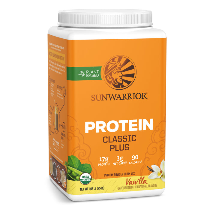 Orange container of Sunwarrior Classic Plus vanilla plant-based protein powder with nutrition info visible
