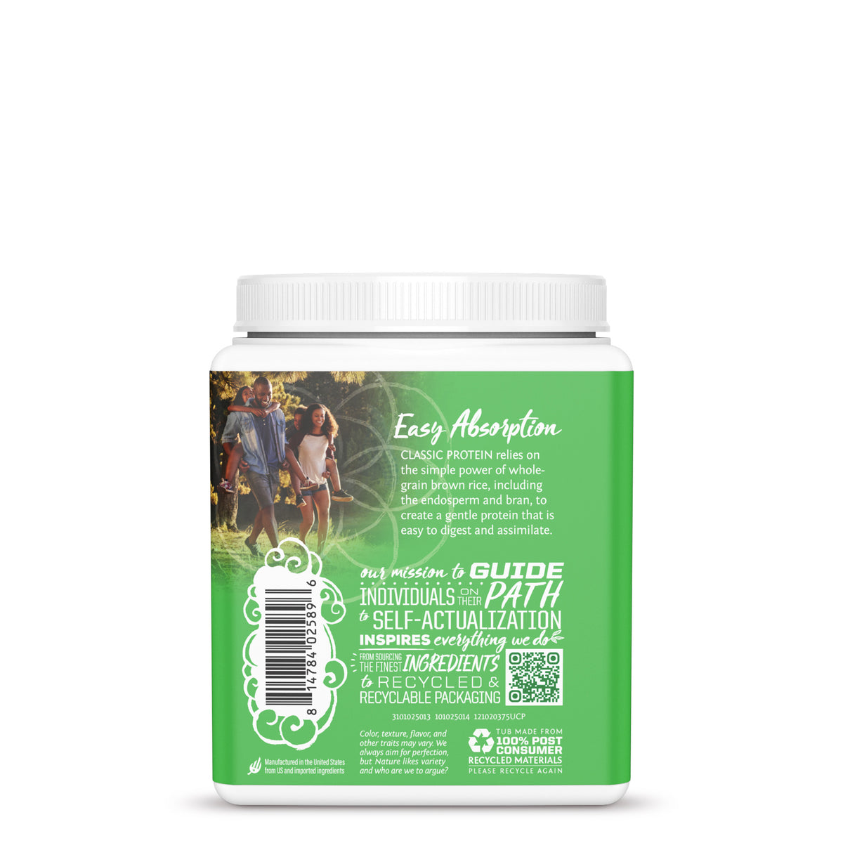 Back of a green container with white text about easy absorption and eco-friendly packaging details.