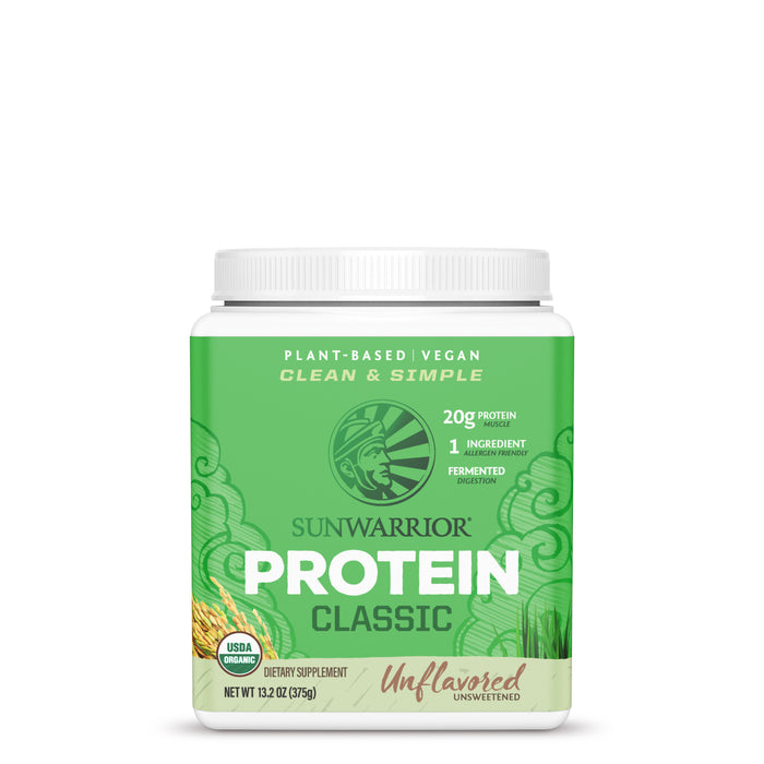 Container of Sunwarrior Classic unflavored plant-based vegan protein powder with green label and white lid