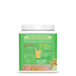 White jar with green label describing organic whole grain brown rice protein benefits and features