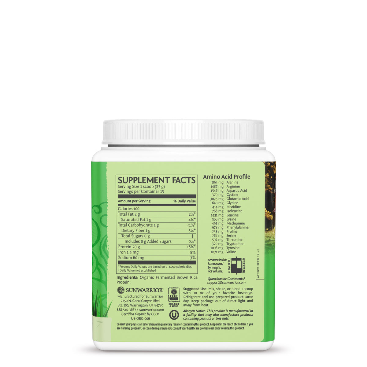 Supplement facts and amino acid profile on green plant-based protein powder container label.