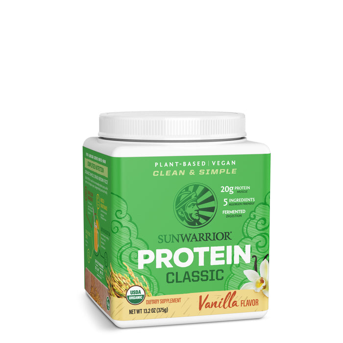 Sunwarrior vanilla plant-based vegan protein powder container with green and beige label design