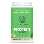 Sunwarrior plant-based vegan protein powder container in green labeled classic unflavored variety
