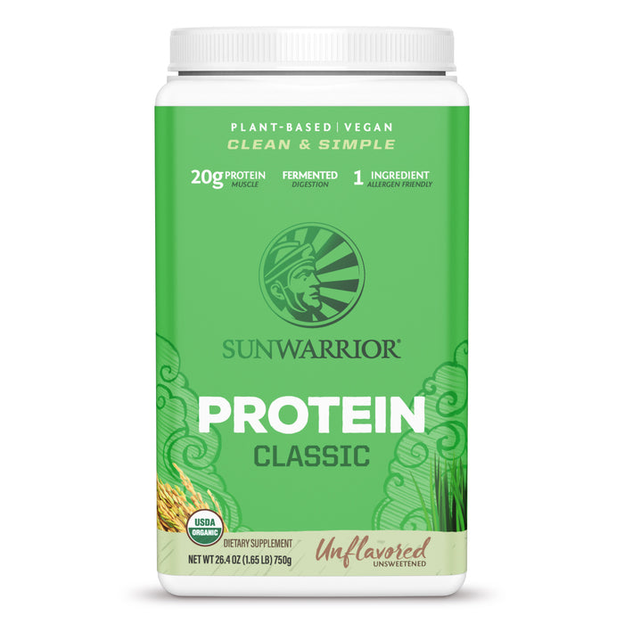 Sunwarrior plant-based vegan protein powder container in green labeled classic unflavored variety