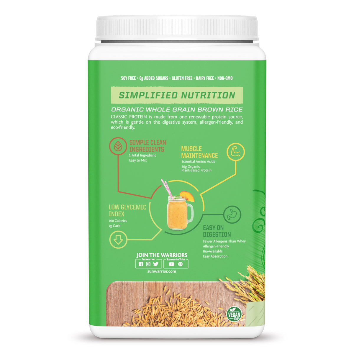 Green container label showing organic whole grain brown rice protein, simple ingredients, muscle support, and digestion benefits