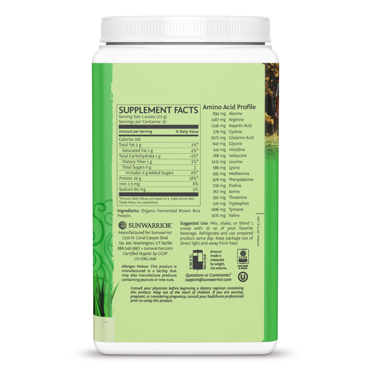 Supplement facts and amino acid profile on green label of plant based protein powder container.
