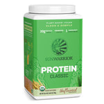 Sunwarrior plant-based vegan protein powder container with clean simple design in green packaging