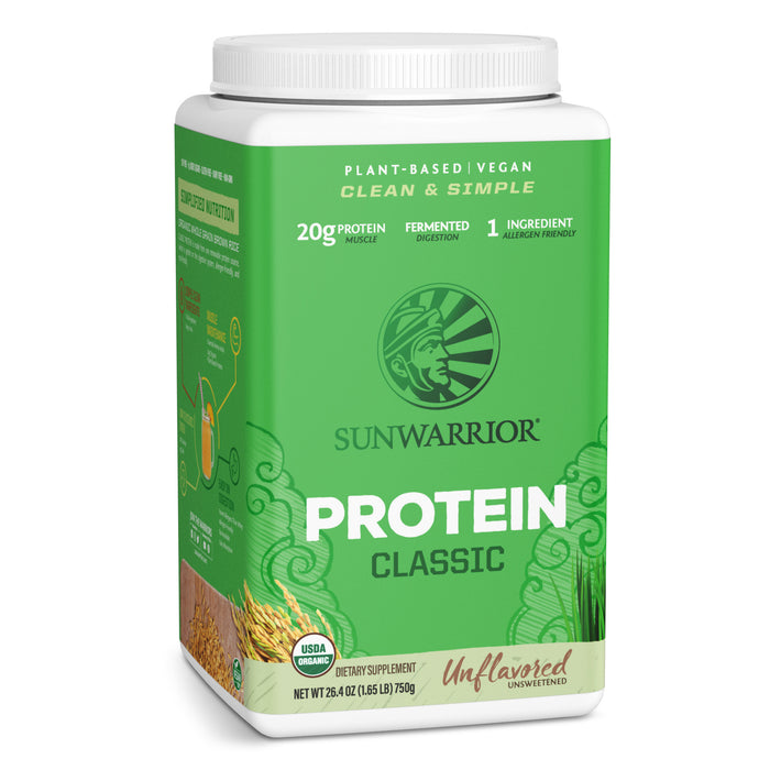 Sunwarrior plant-based vegan protein powder container with clean simple design in green packaging