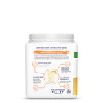 Container of plant-based protein powder with nutritional benefits and allergen-friendly labels
