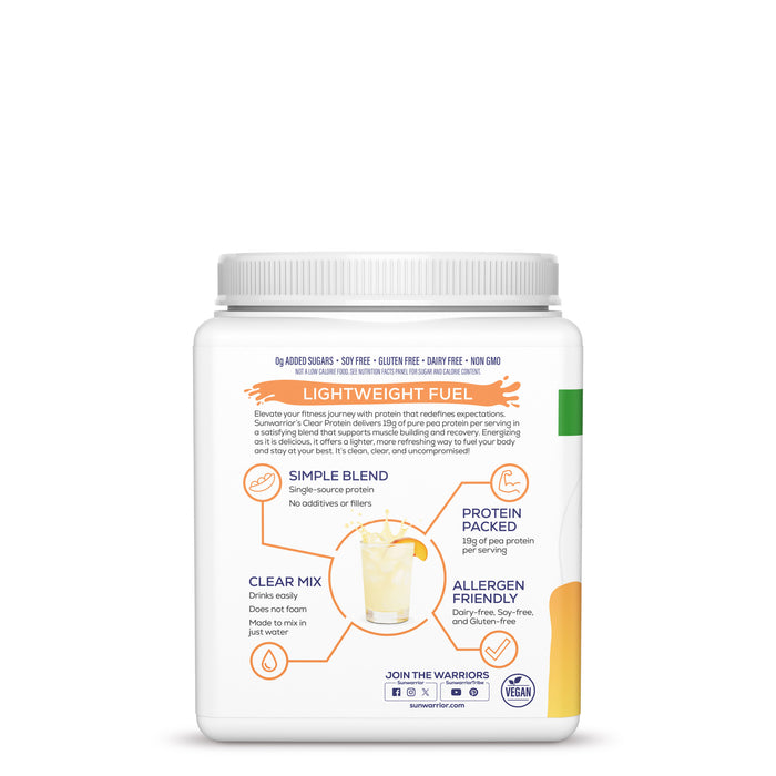 Container of plant-based protein powder with nutritional benefits and allergen-friendly labels