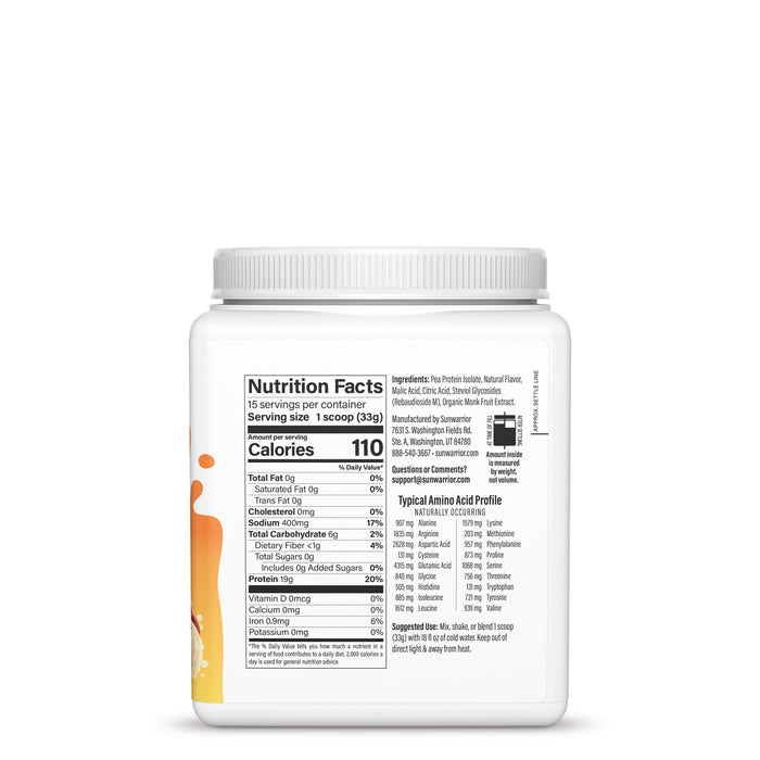 Nutrition facts label and ingredients on plant based protein powder container with peach tea flavor details.