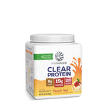 Container of Sunwarrior plant-based clear protein powder with peach tea flavor on white background