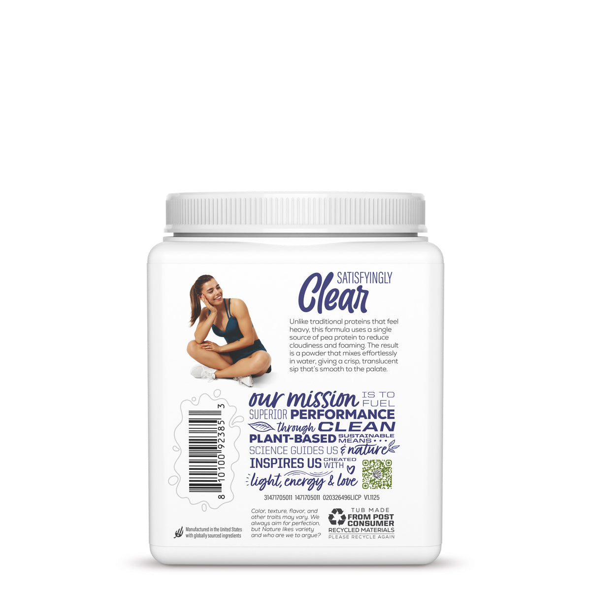 Back of plant-based protein powder container with text describing clean, natural ingredients and performance benefits