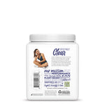 Back of plant-based protein powder container with text describing clean, natural ingredients and performance benefits