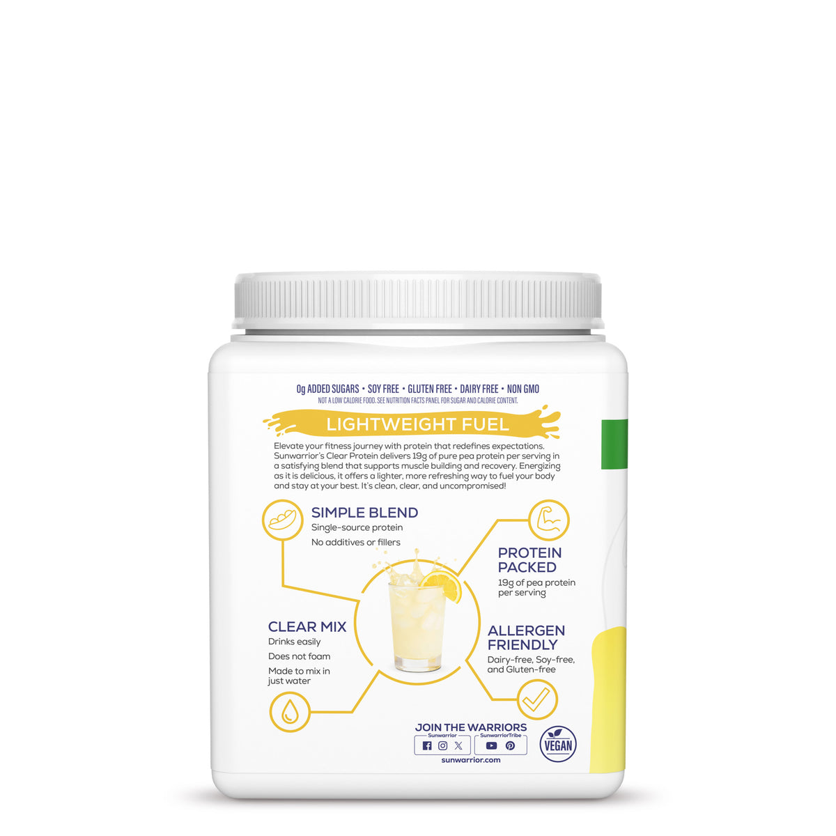 Back view of plant-based protein powder container with nutrition info and lemon ice flavor details.
