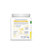 Back view of plant-based protein powder container with nutrition info and lemon ice flavor details.