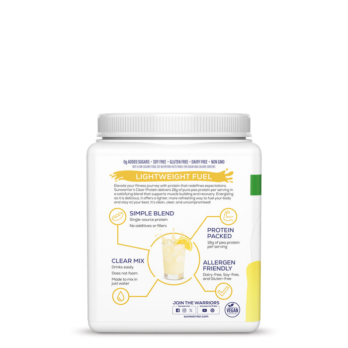 Back view of plant-based protein powder container with nutrition info and lemon ice flavor details.